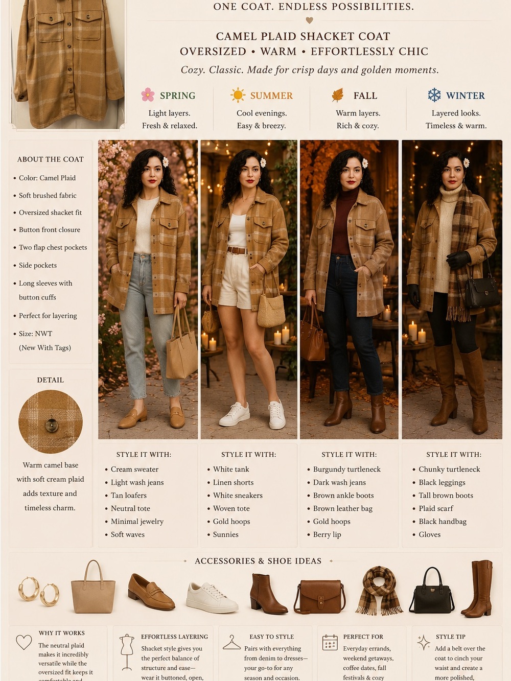 Sonoma Women’s Oversized Plaid Shacket Jacket - Camel plus size 1x fall fashion